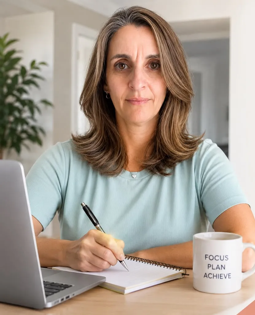 Elizabeth Baptestini at her desk with a notebook and laptop